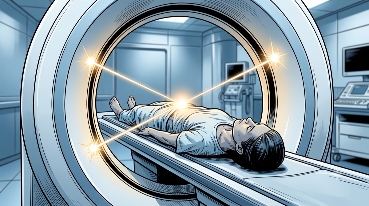 A patient lies inside a ring-shaped PET scanner while two faint beams of light streak outward from a single point inside the body in exactly opposite directions, striking sensors on either side of the ring at the same instant