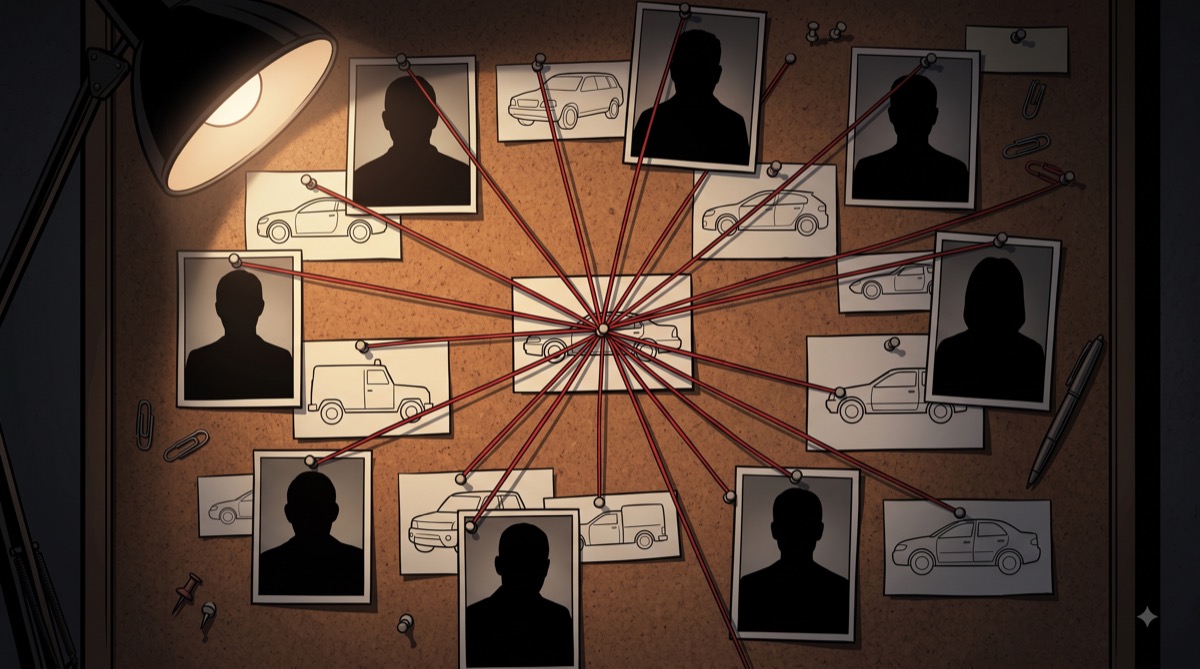 A detective's corkboard rendered as featureless silhouettes and vehicle outlines connected by taut red thread, radiating outward from one unremarkable sedan parked at the center