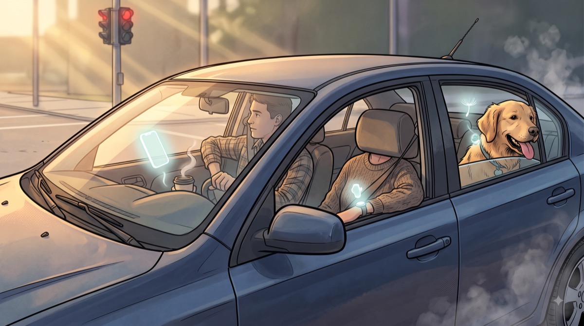 A sedan at dawn, its windows haloed in faint glyph-shaped light—phone, watch, earbuds, and a small collar tag among them—drifting upward from every passenger, including the dog in the back seat