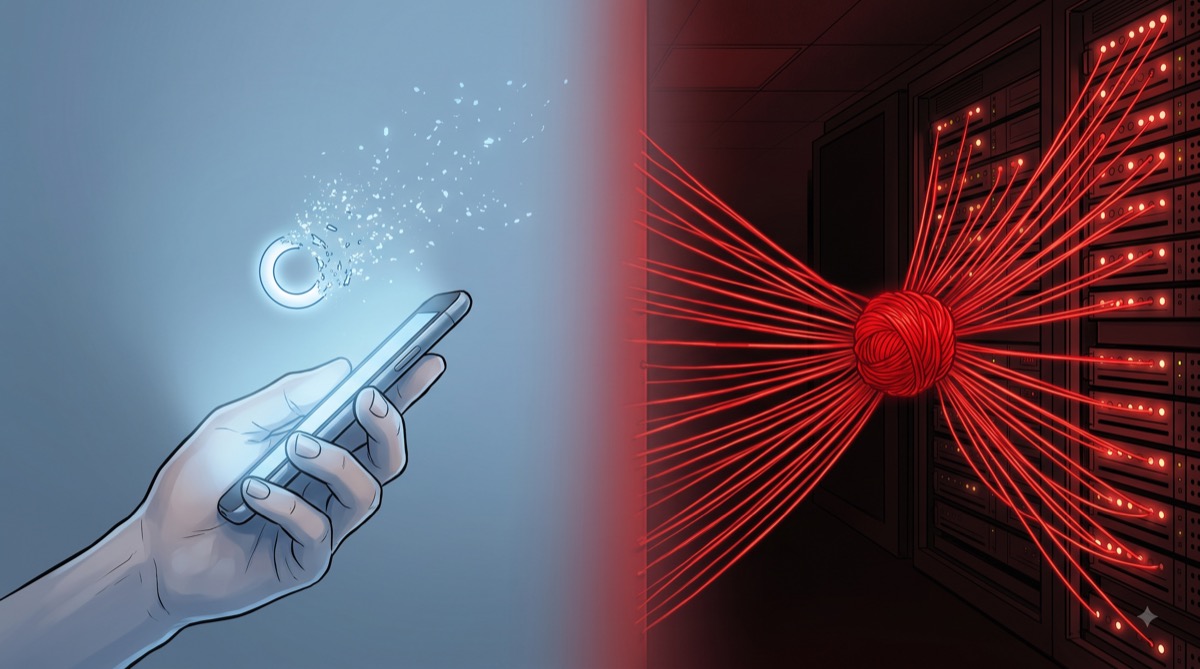 A phone glowing softly with a fading rotating identifier, dissolving like mist above a quiet street; beside it, a server rack pulses with unbroken red threads connecting a dozen static points of light