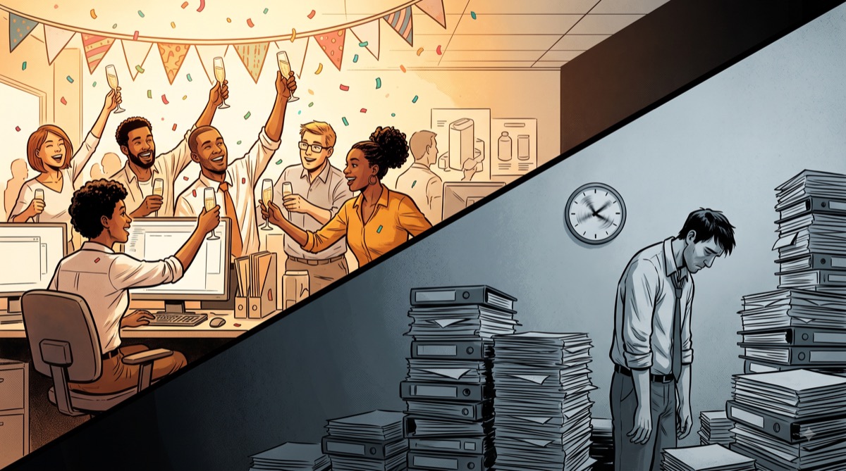 An office floor split cleanly down the middle by a hard shadow line, one side gleaming under bright light with engineers celebrating around a product launch banner, the other side dim and understaffed with a single figure surrounded by towers of paper stacked past head height, a small analog clock on the dim side with its hands spinning visibly fast