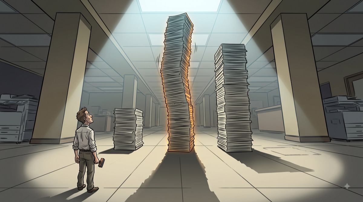 Three towers of paper documents in a row, rising sharply from the first to the second, the second impossibly tall and swaying, the third slightly shorter and more stable, a lone exhausted figure with a stamp in hand looking up at all three, a fourth empty patch of floor beside them where a shadow suggests something not yet stacked