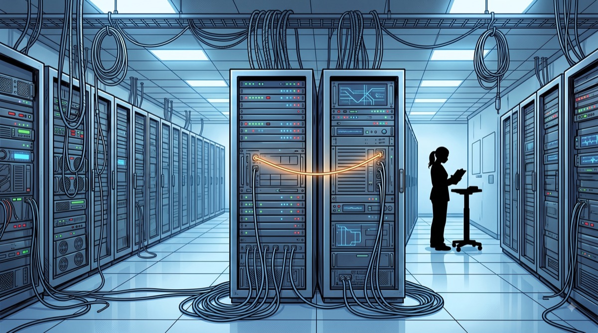 A hospital waiting room rendered as a server room, patient chairs arranged in rows of blinking server racks, two adjacent racks connected by a thin filament of light neither rack seems to notice, a nurse's silhouette checking a clipboard three rows away and looking in the wrong direction entirely