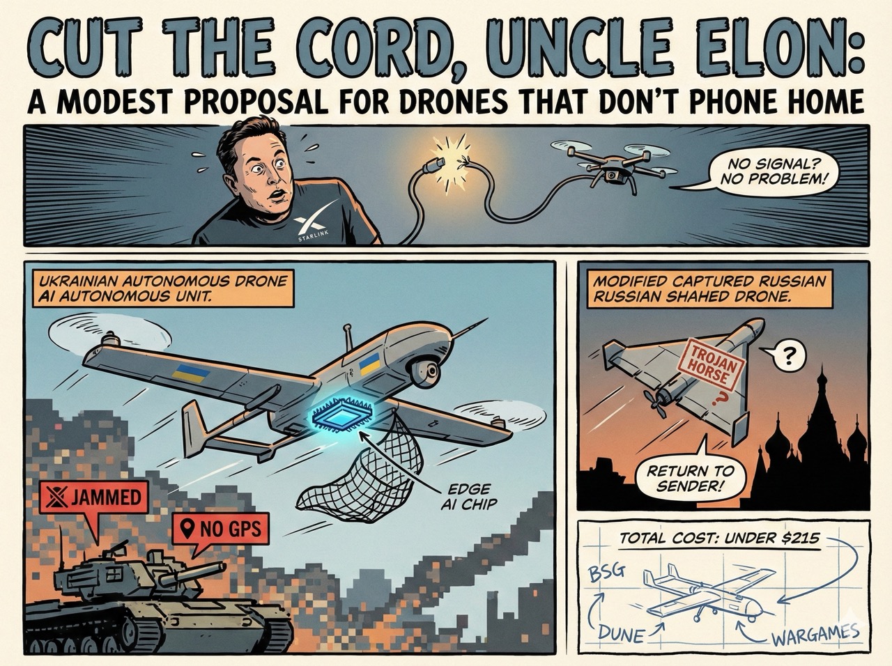 Cut the Cord, Uncle Elon: A Modest Proposal for Drones That Don't Phone Home