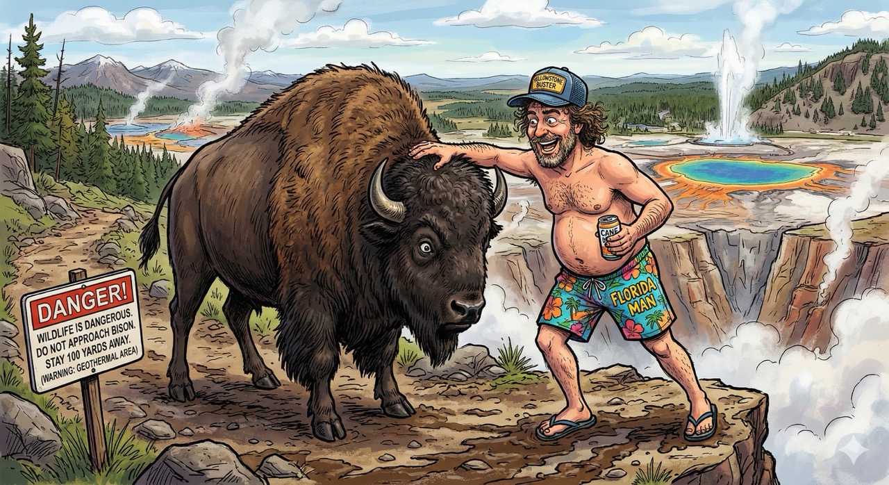 Florida Man approaches Yellowstone's caldera with characteristic confidence