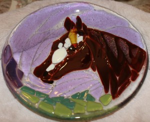 Fused glass rendition of Amanda's horse, Cody